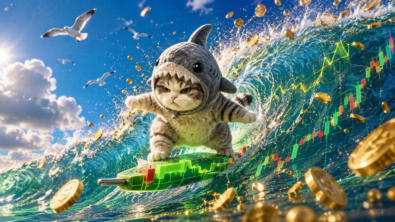 Shark Cat surfing a green candlestick wave surrounded by gold coins